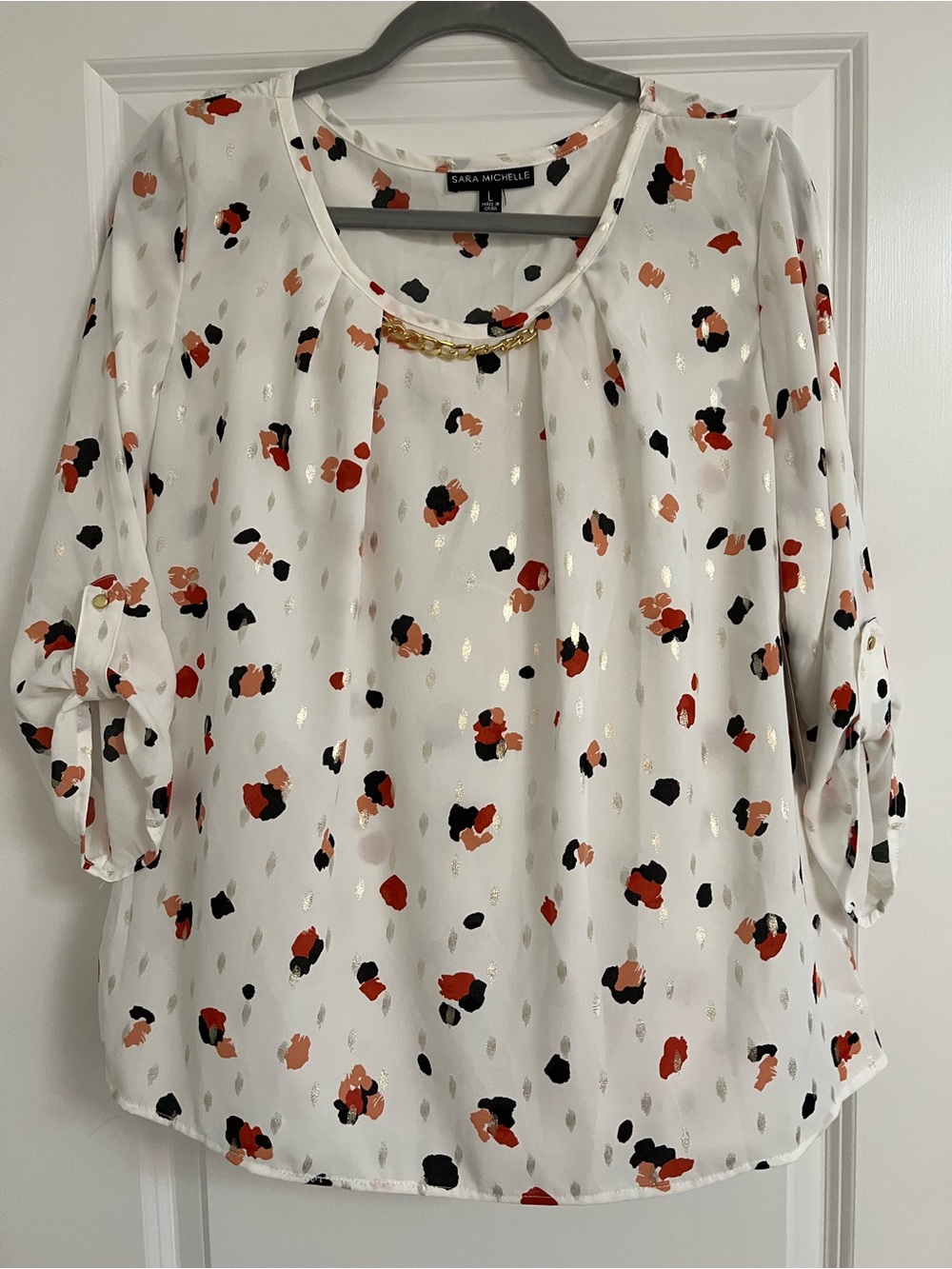 Sara Michelle Ivory Blouse with Red, Black & Tan Floral Spots